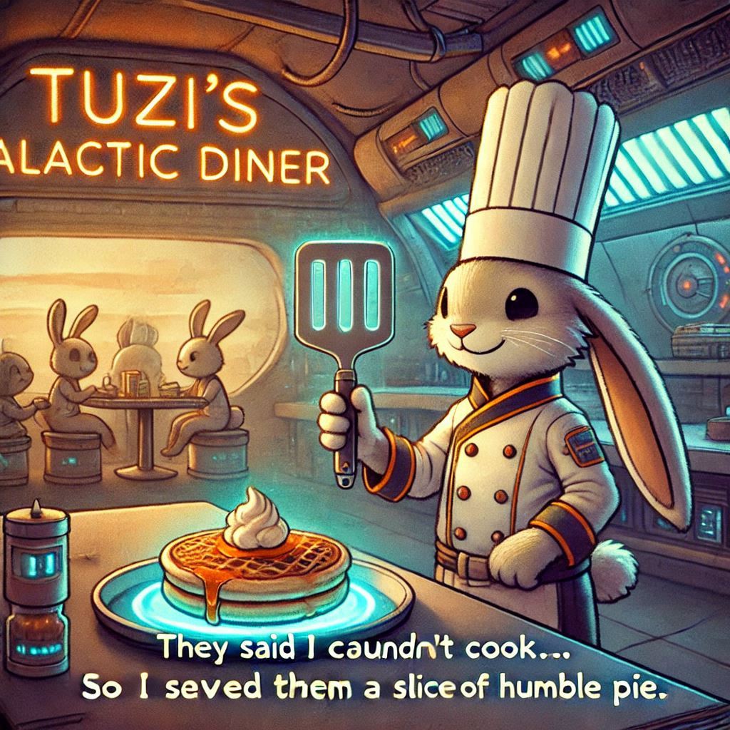0xPrakhar_'s tweet image. &quot;Tuzi isn’t just a bunny—he’s a vibe. From flipping pancakes in a galactic diner to outsmarting the future, there’s nothing Tuzi can’t do. 🐇✨
@TeamTuzi

#Tuzi #BunnyWithSkills #FuturisticFun&quot;
