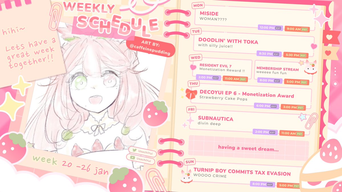 UsachiYui's tweet photo. Schedule┆Jan 20 - 26 ♡
🍰Tags !! ♡
Fanart:🖍️#paintyui
Live: 🍓#usachiLIVE
Clips: 📷 #yuinema
Nsfw: 🔞#yuidelight https://t.co/0nzIAxygYS