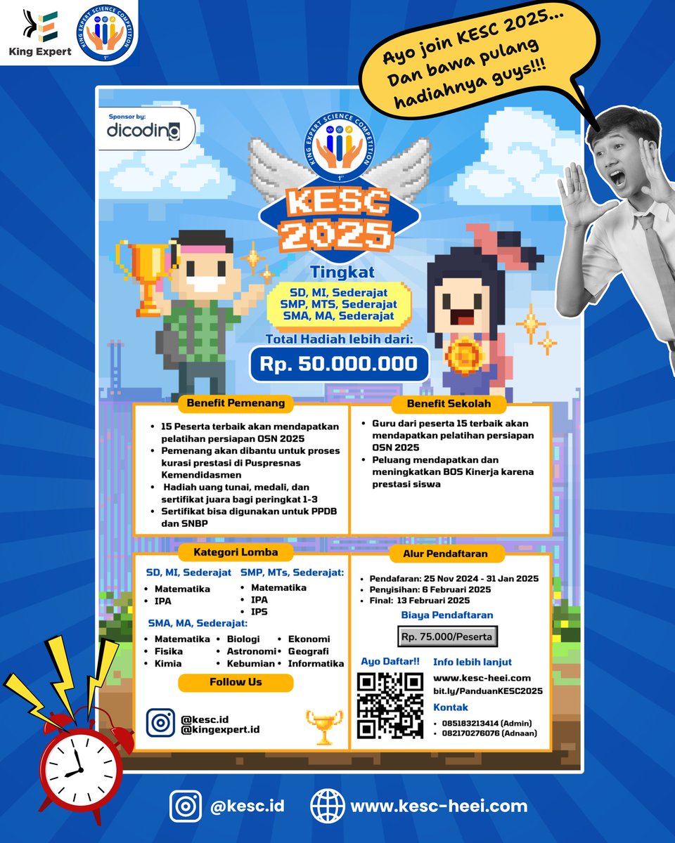 Kesc_id's tweet photo. 📢Tinggal 11 hari lagi sebelum pendaftaran KESC 2025 ditutup!💡🌟

Ayo segera daftarkan dirimu sebelum terlambat! Kunjungi:
🔗 https://t.co/iQkkiKKLfG atau https://t.co/zUg7TMagFN

📱 0851-8321-3414
📧 contact@kingexpert.id

#KESC2025  #Deadline #KompetisiSains #Competition https://t.co/79DXZFbI15