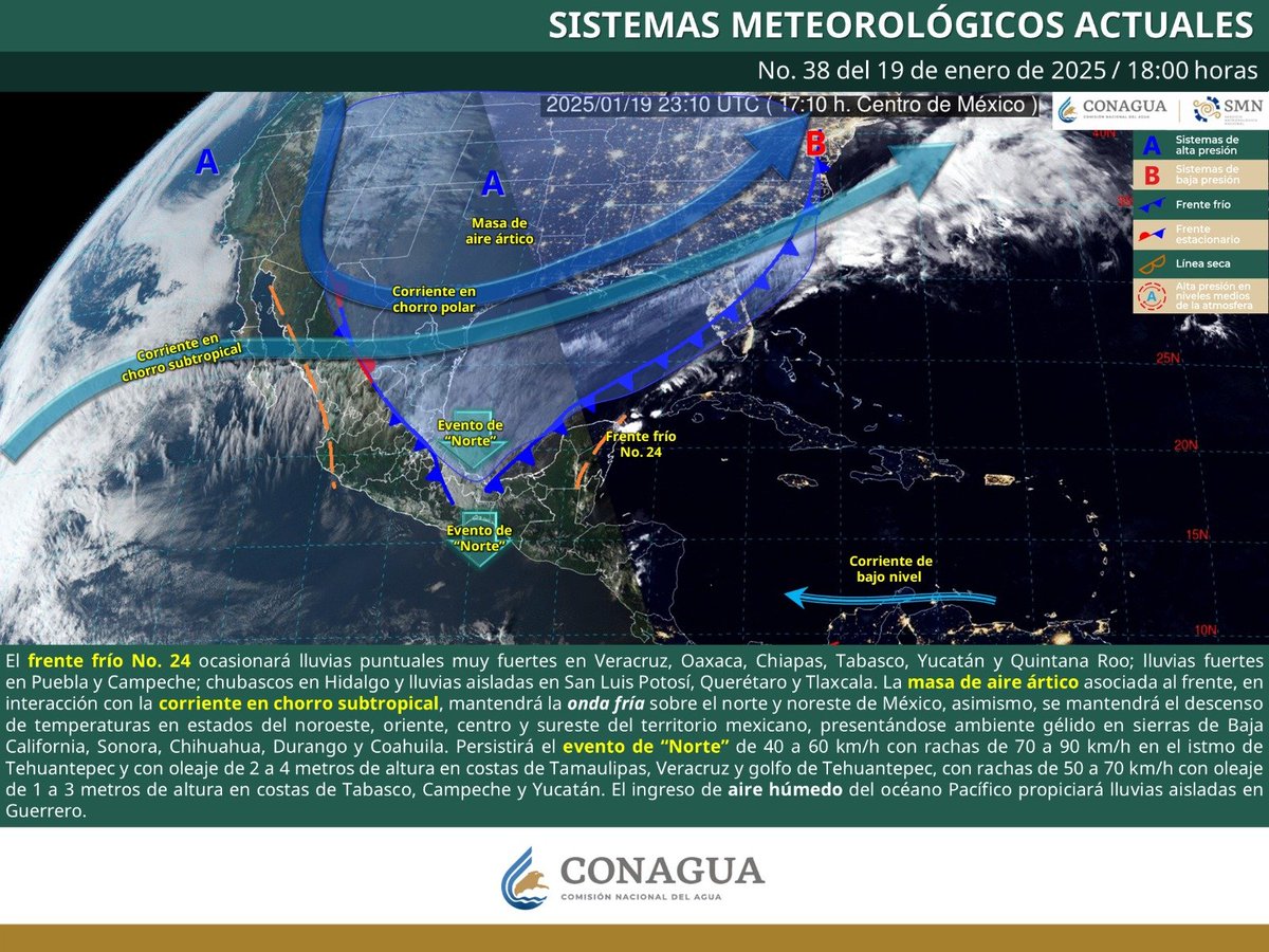 Para esta noche y madrugada, la masa de #AireÁrtico asociada al #FrenteFrío No. 24, mantiene una #OndaFría sobre #Coahuila, persistiendo el descenso de temperaturas, presentándose ambiente gélido en las áreas de serranía del Estado.
smn.conagua.gob.mx/es/pronosticos…