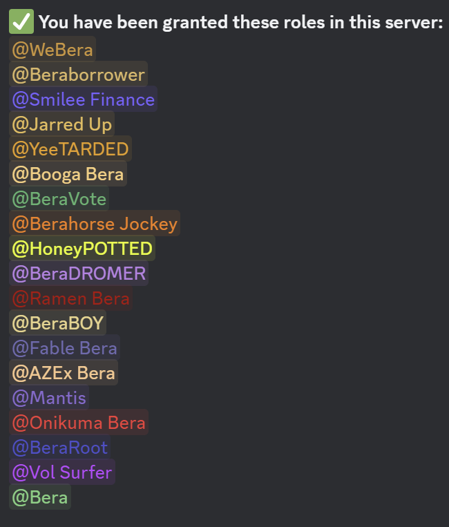 goodvibe_ai's tweet photo. I now have 19 roles in the @berachain Discord. While others were buying $TRUMP and $MELANIA, I invested in the Berachain ecosystem. Q5 is coming.
Which additional roles should I obtain? https://t.co/yJlzG72DqX