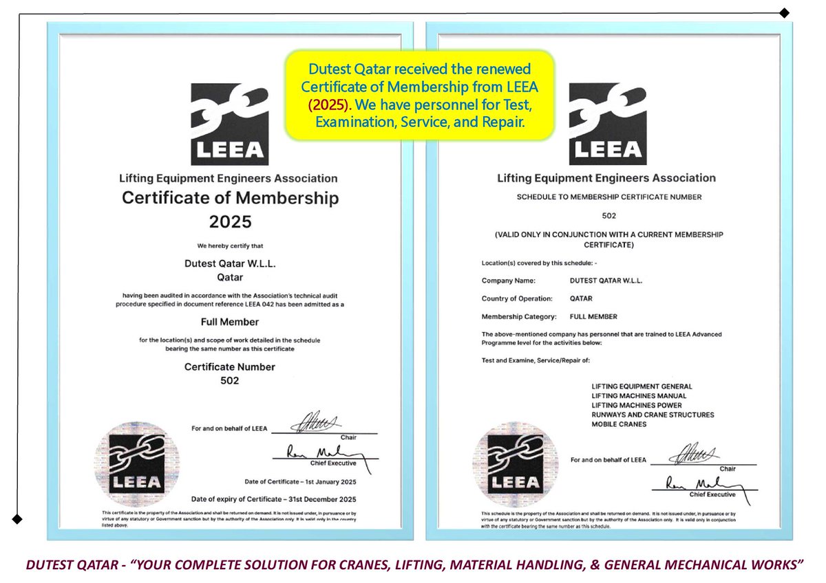 Dutest Qatar received the renewed Certificate of Membership from LEEA (2025). We have personnel for Test and Examination, Service/Repair for 5 levels of activities. #dutestqatar #LEEA dutestqatar.com , Whatsapp 3371 3150