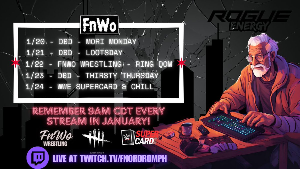 FnordRomph's tweet photo. I'm doing some streaming this week! My 9am January schedule is ending soon! Hope to see you jobbers there!
@DeadbyDaylight @WWEgames @WWESuperCard @streamloots
#ShirtMySurvivor #Lootsday #FnWoWrestling #MoriMonday #SupercardAndChill #ThirstyThursday https://t.co/7myWjdpG91