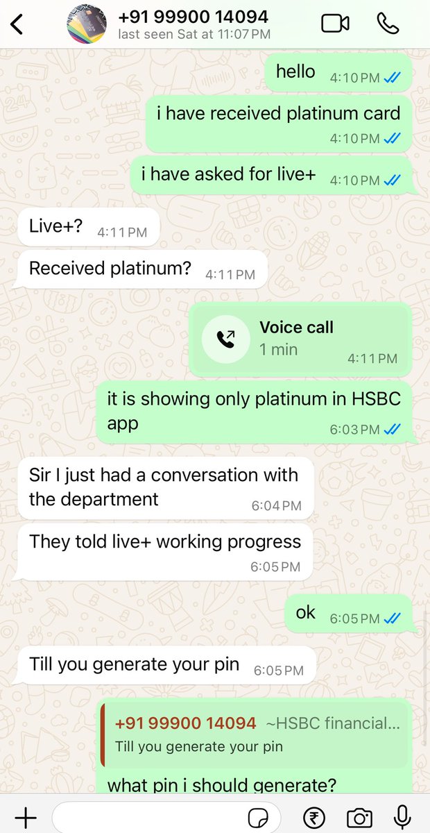 vineeth7003's tweet photo. @HSBC_IN I got cheated by credit card agent names Sayak - +91 99900 14094
He told that he will give Live+ card as LTF, but applied for Platinum card. I received platinum card in post. Sharing chat of his misleading information. https://t.co/Do41ctHIeP