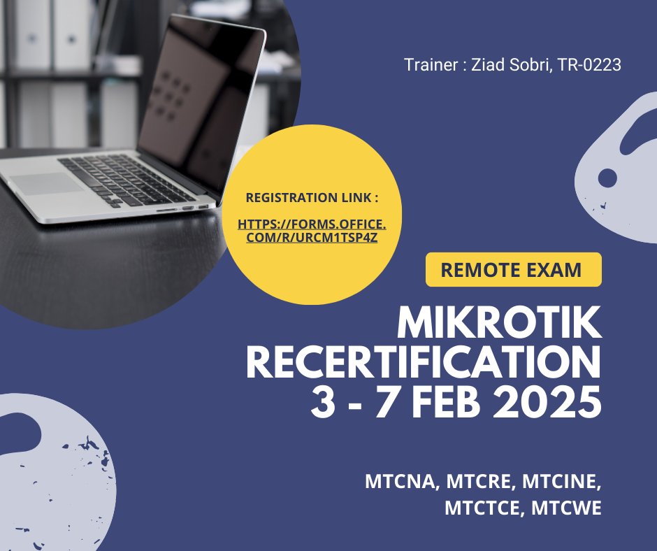 ziadsobri's tweet photo. Sudah dibuka pendaftaran ujian resertifikasi MikroTik secara remote menggunakan MTCOPS.
Jadwal ujian resertifikasi :
MTCNA 3 Februari 2025
MTCRE 4 Februari 2025
MTCINE 5 Februari 2025
MTCTCE 6 Februari 2025
MTCWE 7 Februari 2025
Link Pendaftaran : https://t.co/d7BEFi0ehp https://t.co/BXwpbb11XI