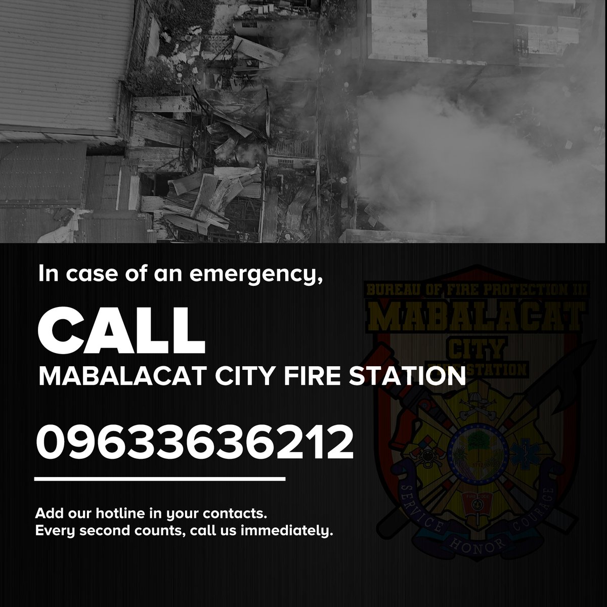 mabalacatcityfs's tweet photo. Every second counts in an emergency!

In case of fire or other emergencies, call your Mabalacat City Fire Station immediately.
Save also our hotline in your contacts.
09633636212 https://t.co/42xbrAogHX
