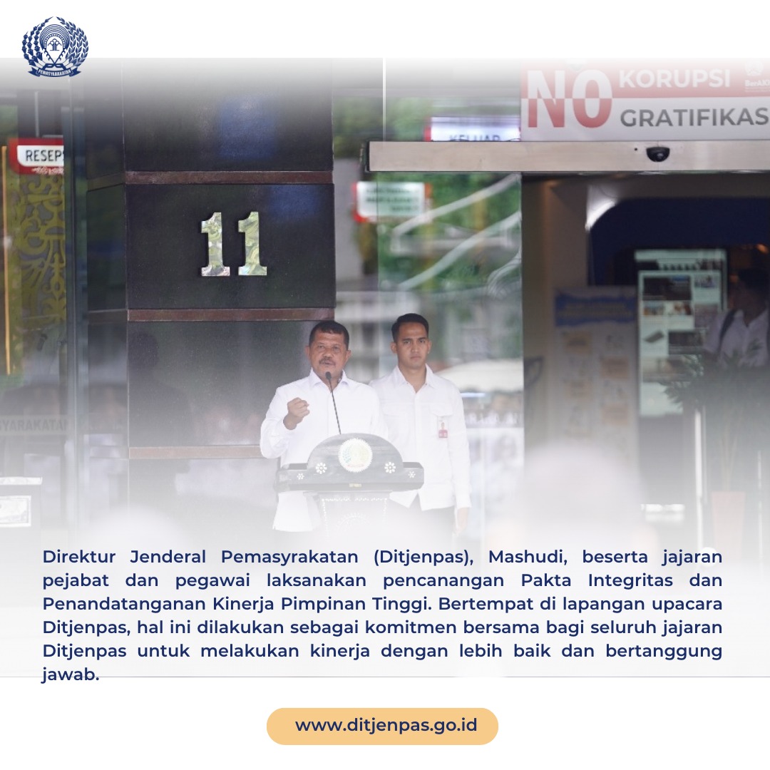 DITJEN_PAS's tweet image. Direktur Jenderal Pemasyrakatan (Ditjenpas), Mashudi, beserta jajaran pejabat dan pegawai laksanakan pencanangan Pakta Integritas dan Penandatanganan Kinerja Pimpinan Tinggi, Senin (20/1). 
#info_pas 
#ditjenpas 
#pemasyarakatan