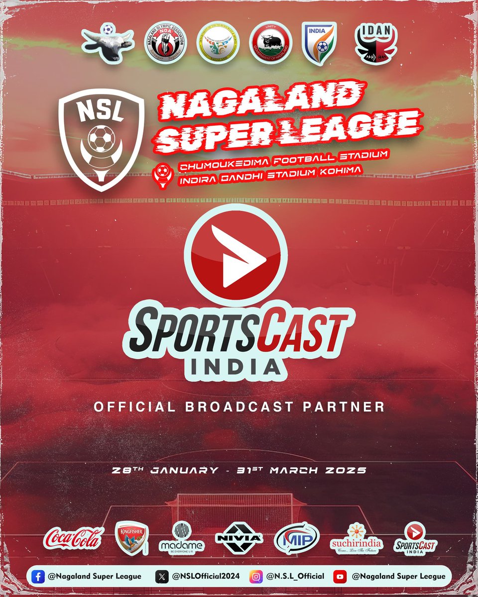 NSLOfficial2024's tweet photo. We are thrilled to announce Sports Cast India as the Official Broadcast Partner of the Nagaland Super League! Get ready for exclusive coverage, match highlights, and unmatched football excitement.

#NagalandSuperLeague #NSL2025 #Sportscast #broadcast #CocaCola #OfficialPartner https://t.co/6pUrgv6mrv