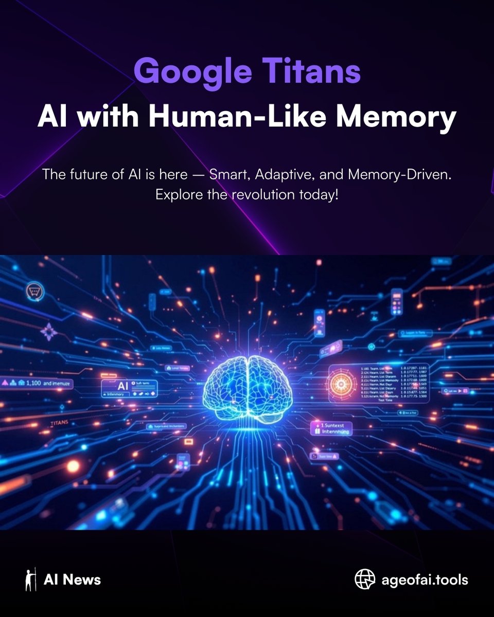 ageofaitools's tweet image. Google’s new Titans AI introduces human-like memory 🧠🤯. Smarter, more adaptive, and ready to revolutionize AI interactions. Are we witnessing the future of AI? 🚀 #GoogleTitans #AIForTheFuture