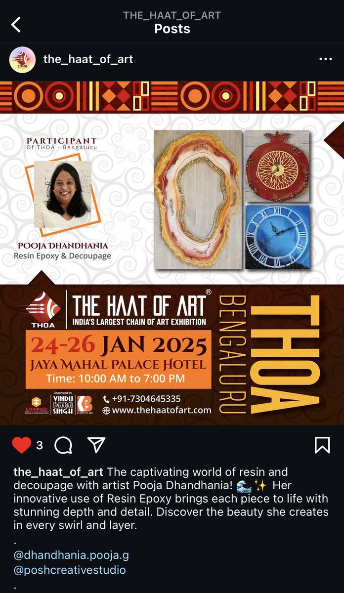 PoojaDGupta's tweet photo. Good Morning Everyone!

You’re Invited!

Step into a mesmerizing world of creativity with Pooja Dhandhania at The Haat of Art, Bengaluru’s largest art exhibition!

Dates: January 24th - 26th, 2025
Venue: Jayamahal Palace Hotel, Bengaluru
Time: 10:00 AM - 7:00 PM https://t.co/G2uejqmjRv