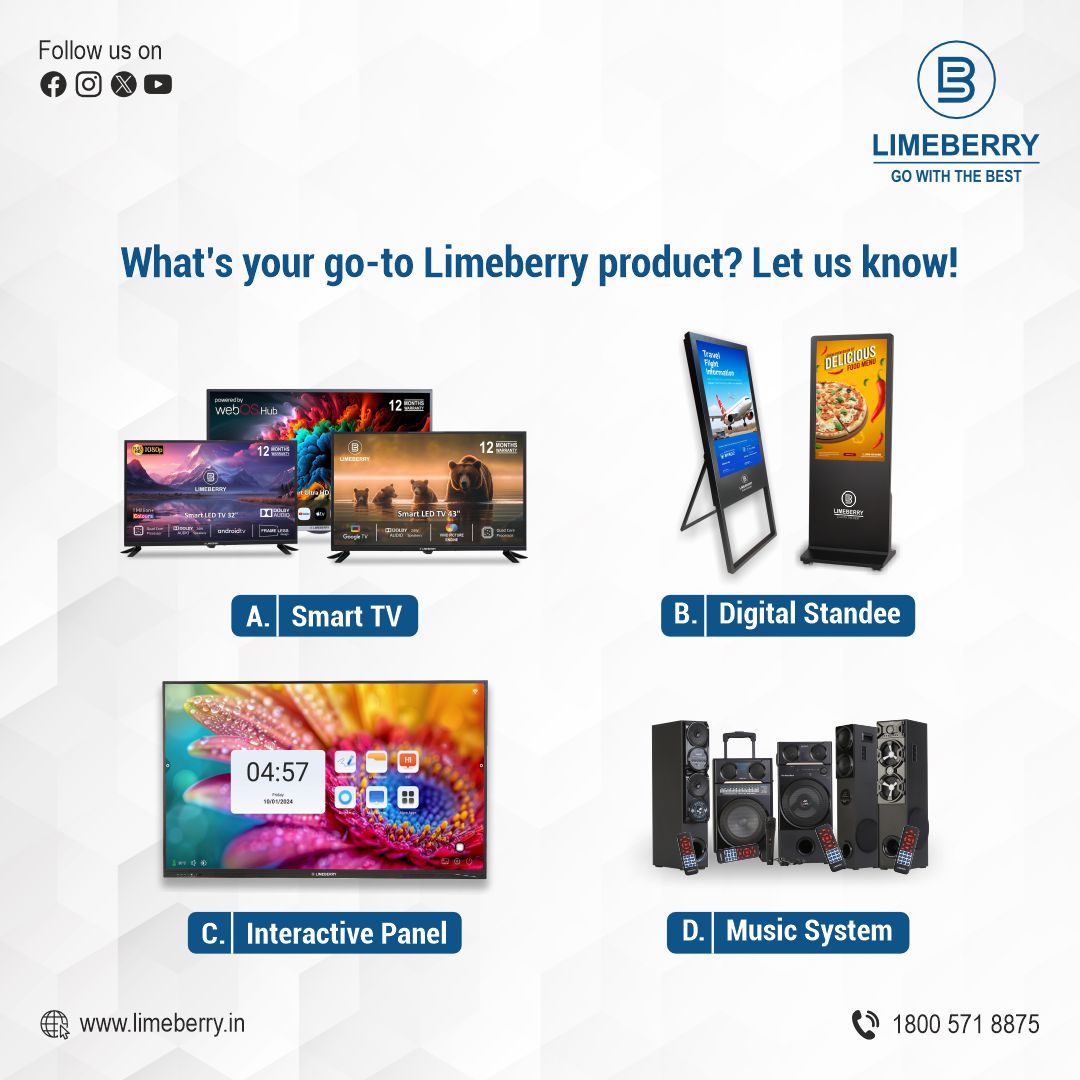 LimeberryTv's tweet photo. What’s your go-to Limeberry product? Let us know! 🤔✨
A. Smart TV 📺
B. Digital Standee 📊
C. Interactive Panel 🖥️
D. Music System 🎵🎶
Drop your favorite option in the comments below! 💬👇
🌐 Explore more at https://t.co/xzBM1Lte9H
#Limeberry #TechProducts #SmartLiving #Inte https://t.co/u2yKP3OyuL