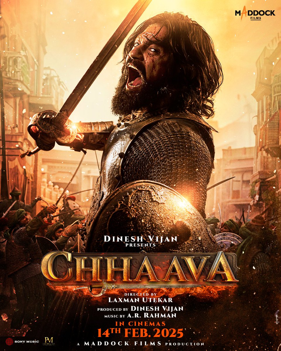 MaddockFilms's tweet photo. Agni bhi woh,
Paani bhi woh,
Toofan bhi woh,
Sher Shiva ka  
#CHHAAVA hai woh!

#ChhaavaTrailer out on 22nd January!

Releasing in cinemas on 14th February 2025.

#Chhaava #ChhaavaOnFeb14

@vickykaushal09 @iamRashmika #AkshayeKhanna #DineshVijan @Laxman10072 @arrahman @thewriteinsaan @Irshad_Kamil @sharadakarki #PoojaVijan @sonymusicindia @PenMovies