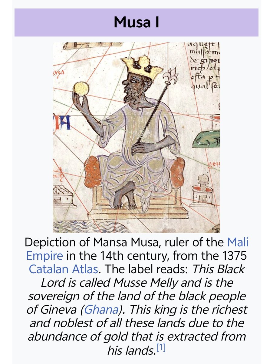 menelmacar0904's tweet photo. @ronaldmexico @Pirat_Nation And the painting you show here is made in the Renaissance period or later, several centuries after Mansa Musa's death. His contemporaries portrayed and described him as a black lord, which was and is the most prevalent skin colour in the Mali region. https://t.co/nHz9SNXyIt
