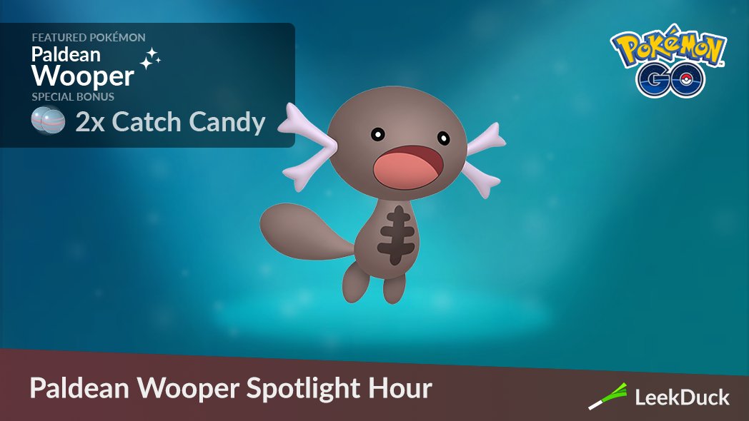 LeekDuck's tweet photo. A Pokémon Spotlight Hour is set for Tuesday, January 21, from 6 pm to 7 pm local time. During the hour, an increased number of Paldean Wooper will appear in the wild, and you’ll earn double Candy from catching Pokémon.

Track Spotlight Hours on Leek Duck! https://t.co/Aes9ARBJxy