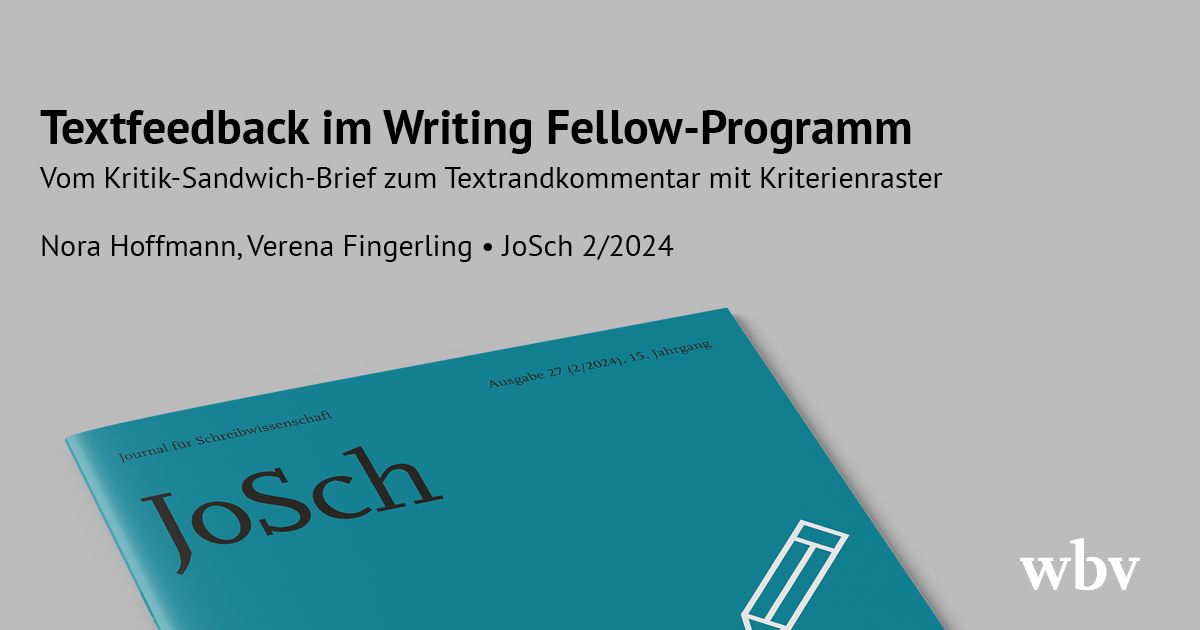 [#Wissenschaft] Wie verändert sich das Textfeedback in #WritingFellow Programmen für Studierende? Neue Methoden für die Praxis in #JoSch - Journal der #Schreibwissenschaft.  
📘u.wbv.de/jos2402w3so

<a href="/redaktion_hsl/">'Online-Zeitschrift 'die hochschullehre'</a> <a href="/JoSch_Journal/">JoSch – Journal für Schreibwissenschaft</a> <a href="/wissimdialog/">Wissenschaft im Dialog</a> 
 #Schreibforschung #twittercampus