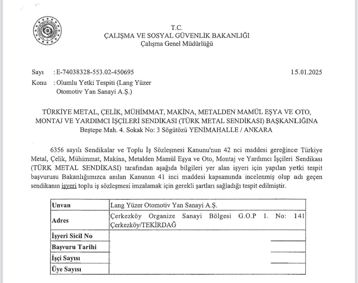 Ne mutlu bizlere ki, yeni haftaya, yeni bir işyerindeki yetki belgesi haberi ile, yine bir örgütlenme ile, ailemize yeni gelen arkadaşlarımızla kucaklaşarak, örgütlenme hızımızı kesmeden giriyoruz.
Çerkezköy şubemizin yürüttüğü çalışmalar sonucunda, aramıza katılan LANG YÜZER