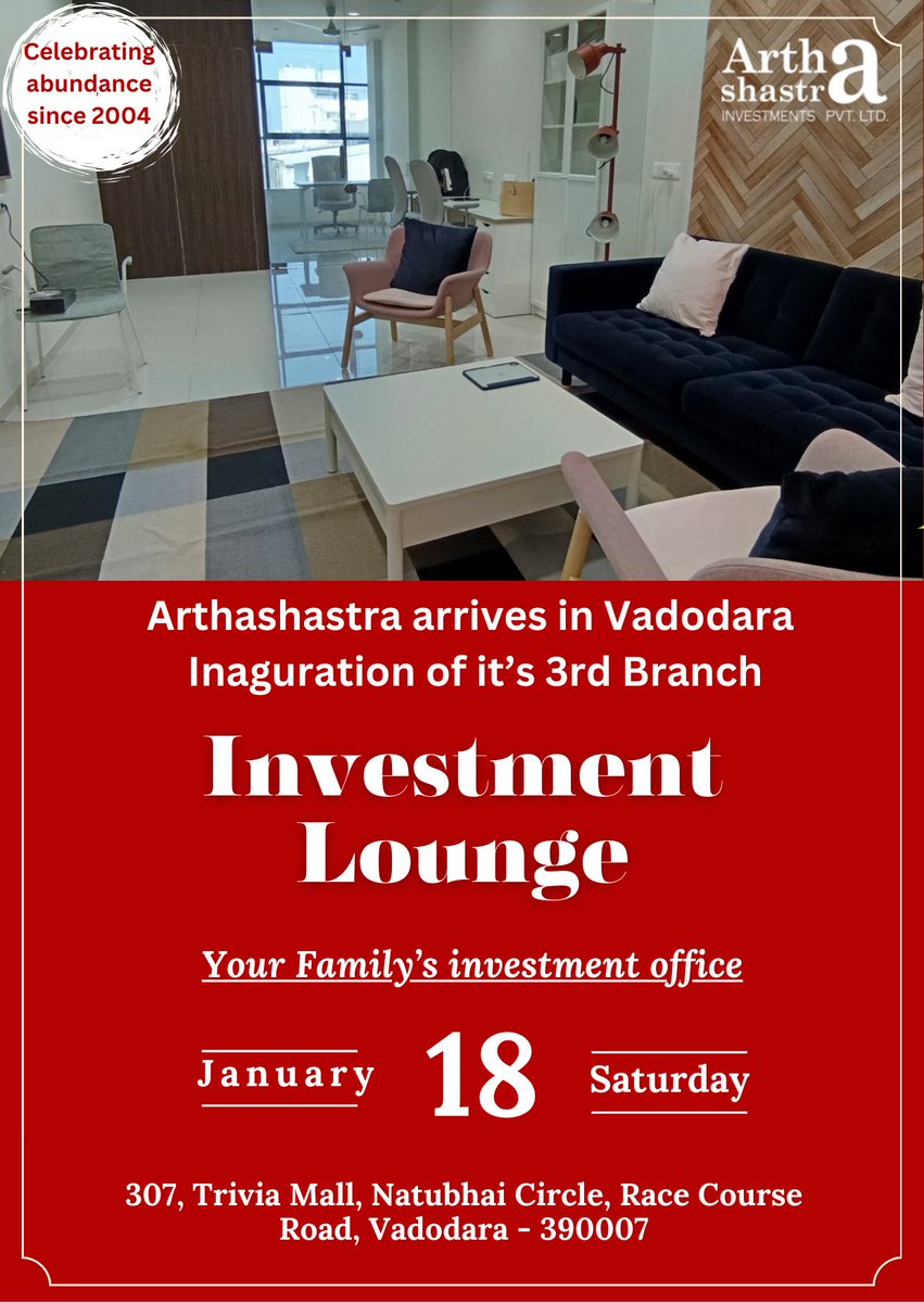 ArthashastraInv's tweet photo. Team Arthashastra has taken another leap of faith - crossed state borders in Gujarat to open it’s 3rd Branch in Vadodara with a novel concept of Investment Lounge with an objective to empower investors to invest peacefully in a relaxed environment - Thank you All https://t.co/GntB105P8u