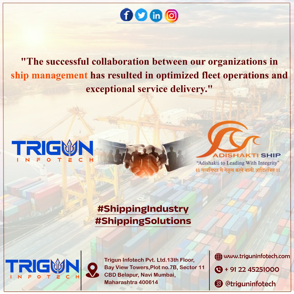 TrigunInfotech's tweet photo. Proud to partner with Adishakti Ship for optimized fleet operations and exceptional service! 🚢 
#TrigunInfotech #AdishaktiShip #FleetOptimization #MaritimeInnovation #ShippingExcellence #TechInShipping #OperationalEfficiency https://t.co/E0J1lg3ghD