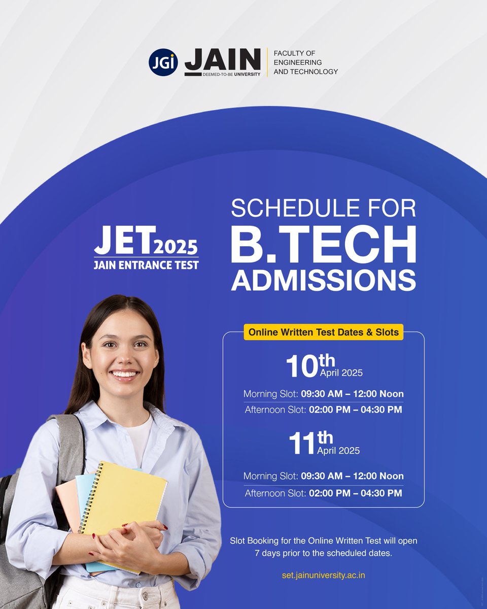 JainDeemedtbUnv's tweet image. The much awaited JET (JAIN Entrance Test) 2025 dates &amp;amp; schedule are out! Don’t forget to mark your calendars for the online written test! Stay prepared and ace it!

#FETJET #EntranceTest #JAINUniversity #TestSchedule #JAINEntrancetest