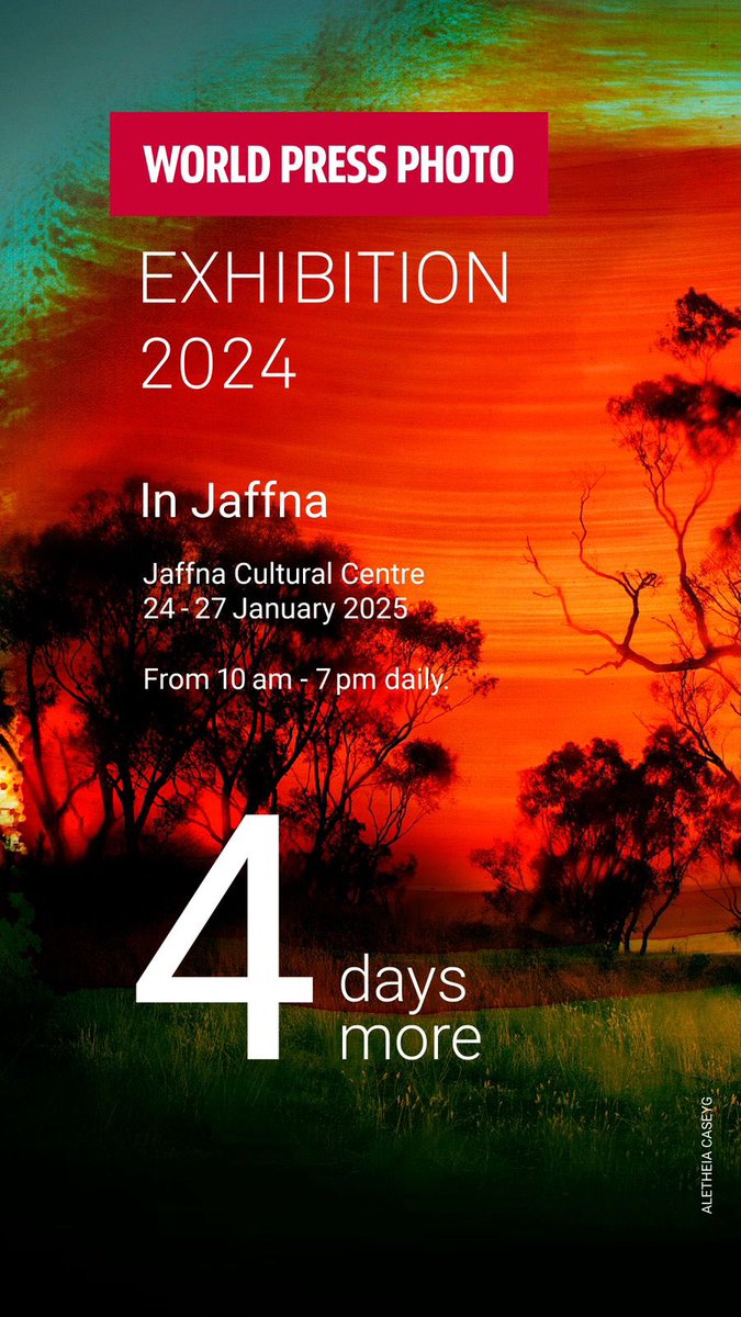 WorldPressPhSL's tweet photo. 4️⃣ more days till we hit Jaffna 🇱🇰 

📅 Jan 24-27
📍 Jaffna Cultural Centre
⏰ 10 AM - 7 PM
🎟️ Free entry

@WorldPressPhoto @AzzamAmeen @SriLankaTweet @Menitweet https://t.co/WvFKNbrhdG