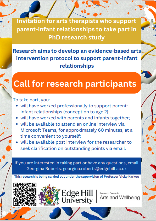 artswellEHU's tweet photo. Georgina, one of our PhD students is looking for participants for to help with her study exploring art therapists who support parent-infant relationships . If this is you, read more below on how you can get involved!
#Research #CallForParticipants
@edgehill_HRI @EHU_FHSCM https://t.co/rkcfAVziHt