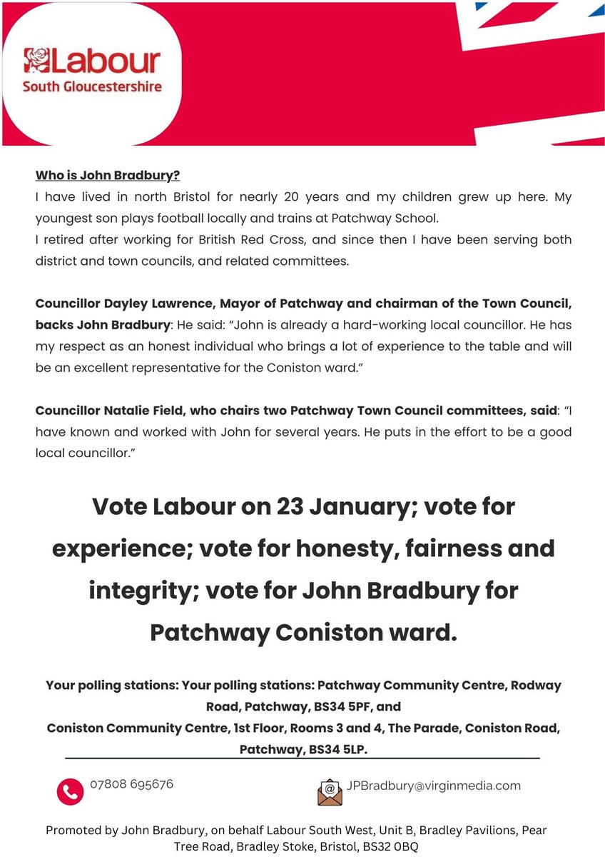 Cllr_Morey's tweet photo. 📢 Reminder for Patchway residents: There’s a by-election this Thursday! 🗳️
Vote for Labour’s John Bradbury, a candidate with experience, dedication, and a vision for our community.
Let’s make a difference together. 🌹
#VoteLabour #Patchway https://t.co/INcIvDbRSS