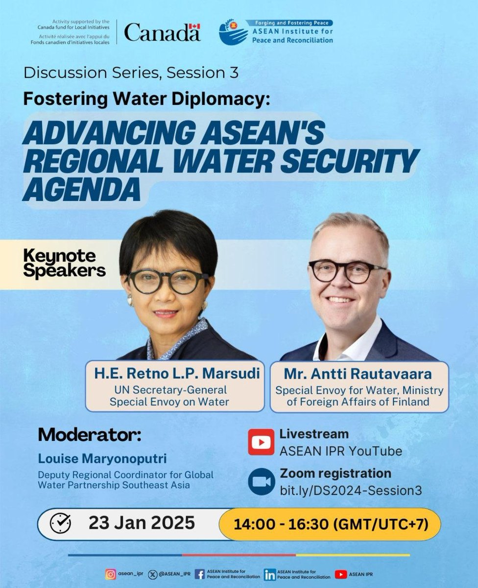 Finland's Special Envoy for Water, Antti Rautavaara, has the honor to speak together with UN Special Envoy on Water <a href="/RetnoLPMarsudi/">Retno L.P. Marsudi</a> at <a href="/ASEAN_IPR/">ASEAN Institute for Peace and Reconciliation</a> on water diplomacy and water security. Tune in the livestream on this week's Thursday 23 Jan (8am CET/ 9amEET) 💧🕊️
