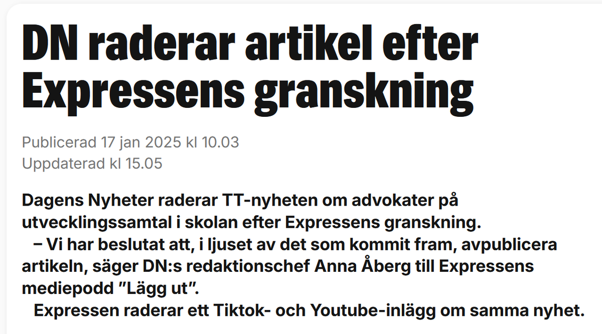 Bra av DN att avpublicera texten om advokater i skolan när det framkom att nyheten saknade
faktaunderbyggnad. Nu väntar vi på att alla andra medier gör samma sak:

<a href="/tt/">tt</a> <a href="/vilarare/">Vi Lärare</a> <a href="/sverigesradio/">Sveriges Radio</a> @aftonbladet @göteborgsposten <a href="/SvD/">Svenska Dagbladet</a> 

Vi tittar på er. Vad väntar ni på?