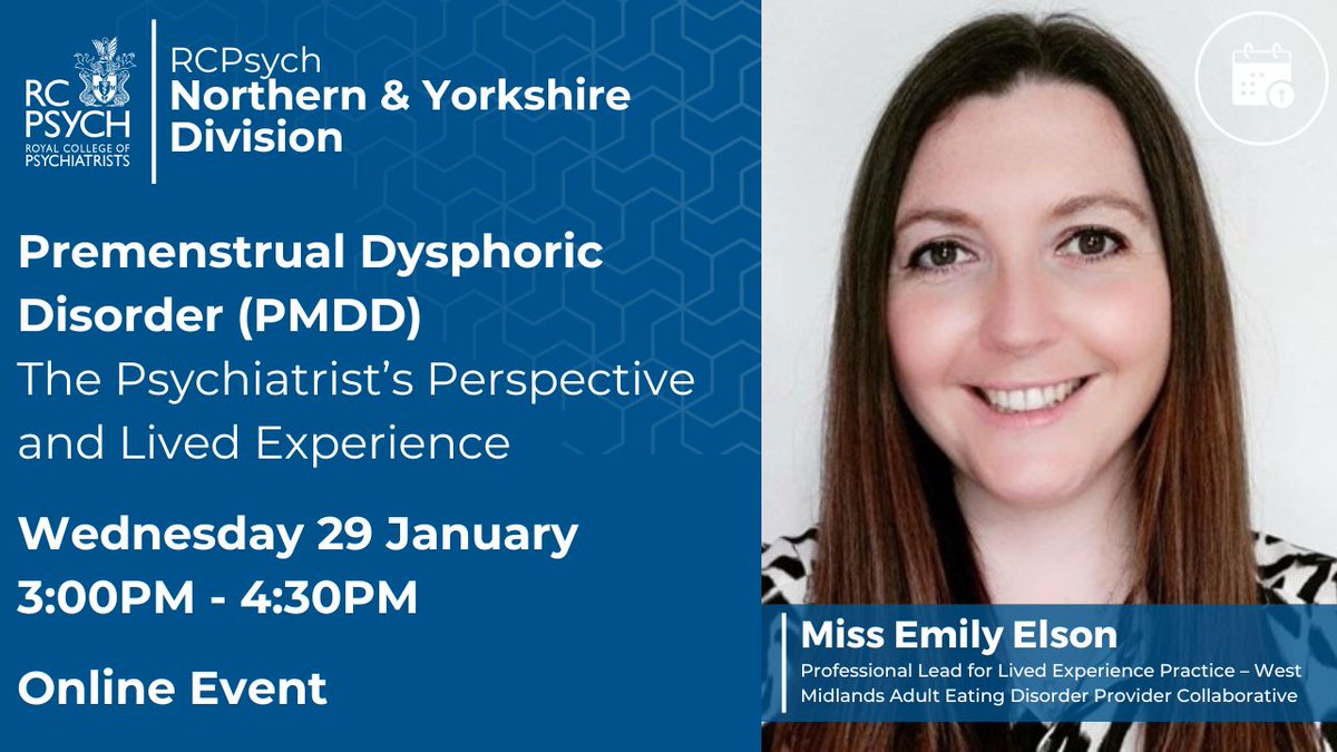 RCPsych Northern & Yorkshire (@rcpsychny) on Twitter photo ποΈ Join Emily Elson at our #PMDD webinar on 29 Jan as she shares her journey with PMDD.
Emily will cover:
π¬ PMDD diagnosis challenges
π§ Management in mental health
π Biological, psychological & social impacts
π bit.ly/4hcKxYB
<a href="/PeriodsPower/">Emily Grace</a> ποΈ Join Emily Elson at our #PMDD webinar on 29 Jan as she shares her journey with PMDD.
Emily will cover:
π¬ PMDD diagnosis challenges
π§ Management in mental health
π Biological, psychological & social impacts
π bit.ly/4hcKxYB
<a href="/PeriodsPower/">Emily Grace</a>