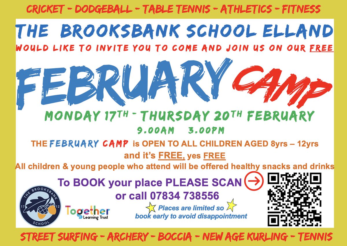 Calderdale School Sports Partnership (@calderdalessp) on Twitter photo FREE, yes FREEβ¦ <a href="/thebrooksbank/">TheBrooksbankSchool</a> school are offering all children from their feeder schools FREE places to the Feb Half Term Holiday Camp β25β for everyone 8yrs -12yrs of age. To book follow the link below or scan the QR code (Ltd places on offer so hurry) forms.office.com/e/fAh425KL51 FREE, yes FREEβ¦ <a href="/thebrooksbank/">TheBrooksbankSchool</a> school are offering all children from their feeder schools FREE places to the Feb Half Term Holiday Camp β25β for everyone 8yrs -12yrs of age. To book follow the link below or scan the QR code (Ltd places on offer so hurry) forms.office.com/e/fAh425KL51