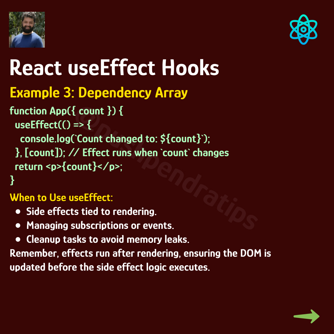 pushpendratips's tweet image. React useEffect Hooks👨💻
Example 3: Dependency Array
#useEffectTutorial #useEffectHook
#ReactSideEffects #useEffectExample