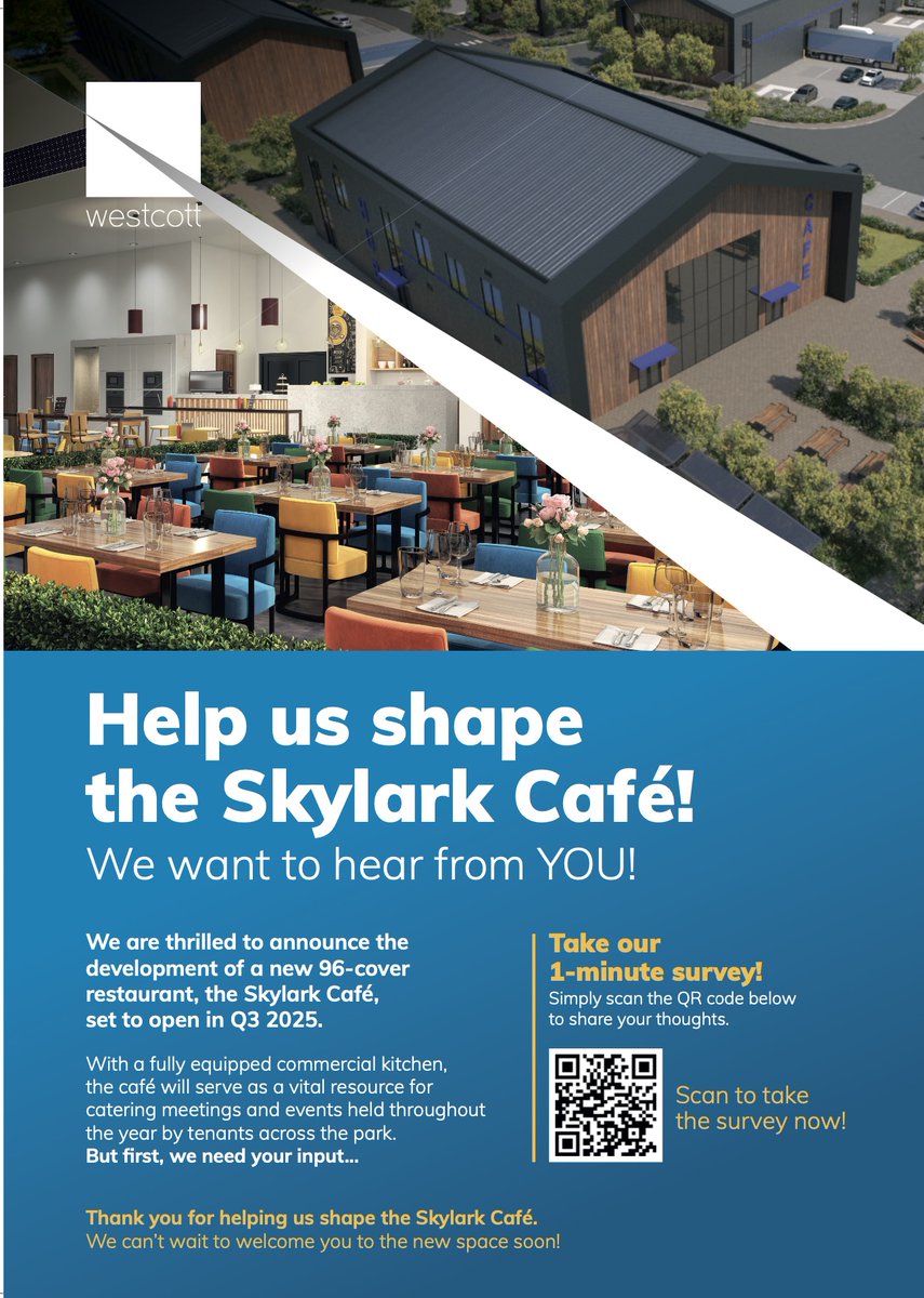 📣 Attention Westcott Venture Park community! We want your feedback to make the Skylark Café a standout spot for all. Participate in our survey &amp; play a part in designing a space that caters to your needs &amp; preferences! bit.ly/4jiSqxx #SkylarkCafe #TenantSurvey #Bucks