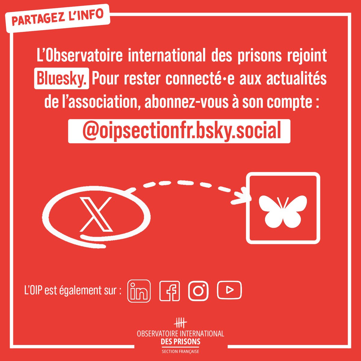 🔴👋 L'OIP suspend ses activités sur X, rendez-vous sur bsky.app/profile/oipsec… pour suivre nos actions et nos combats au jour le jour.

Vous aussi, vous pouvez participer à ce départ collectif ➡️ helloquittex.com
