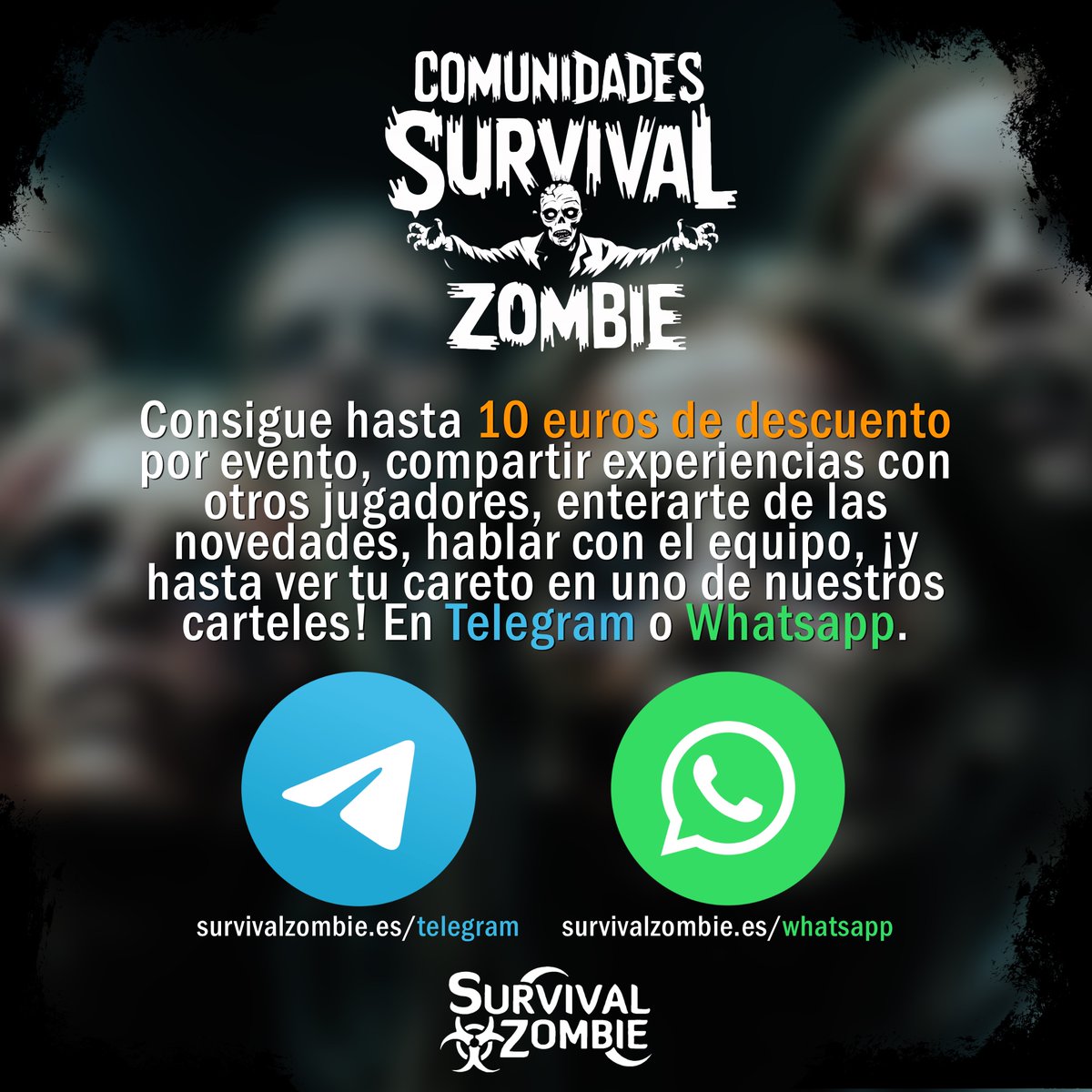 En serio es así de fácil. Entra en nuestras comunidades y acicala tu vida social con peña que entiende y comparte tus gustos, ahórrate hasta 10 eurazos con los descuentos, resuelve dudas, y alucina en general con la Comunidad más viva del muerto apocalipsis :)

#survivalzombie
