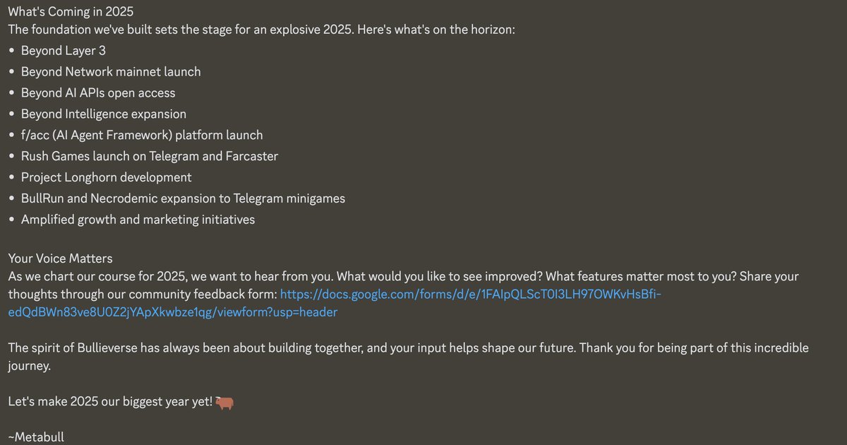 Meta_Bull's tweet image. 2024 Year in Review for @Bullieverse

Please take a moment to share your valuable feedback by completing this survey: docs.google.com/forms/d/e/1FAI…

Your input is essential to us, and this is your opportunity to make an impact on the future of Bullieverse.

I strongly believe 2025 will…