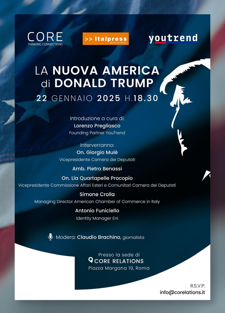Mercoledì ci vediamo per ragionare su cosa ha in serbo l’America di Trump, con <a href="/lorepregliasco/">Lorenzo Pregliasco</a> <a href="/giorgiomule/">Giorgio Mulè</a> <a href="/PieroBenassi/">Piero Benassi</a> <a href="/AntFuniciello/">Antonio Funiciello</a> <a href="/simone_crolla/">Simone</a> <a href="/CBrachino/">Claudio Brachino</a>