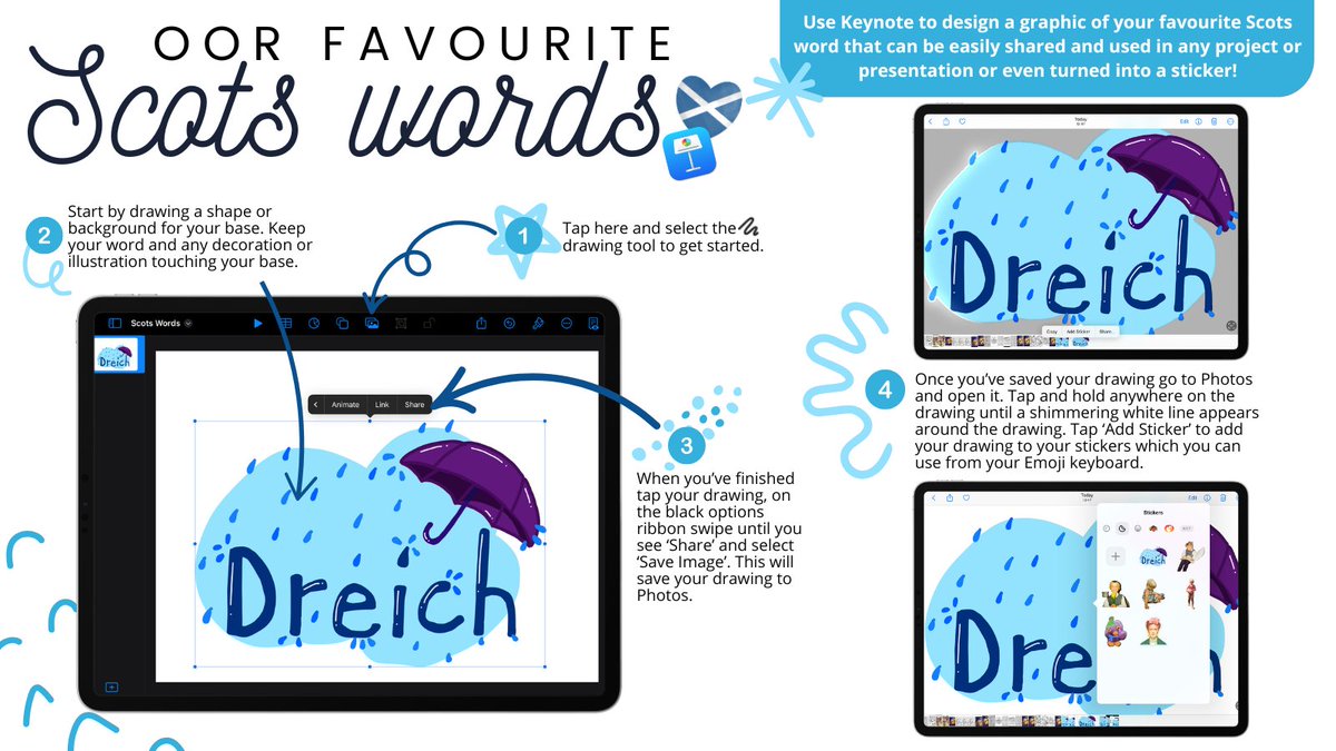 DigiLearnFalk (@digilearnfalk) on Twitter photo 📝🌟 Celebrate Burns Day and the Scots language with the new <a href="/ConnectedFalk/">Connected Falkirk</a> challenge task!
🎨 Get creative and design a graphic of your fav Scots word in Keynote!
📅 Falkirk schools share your creations by 28th Jan via our Padlet: padlet.com/stabeker01/Sco… 📝🌟 Celebrate Burns Day and the Scots language with the new <a href="/ConnectedFalk/">Connected Falkirk</a> challenge task!
🎨 Get creative and design a graphic of your fav Scots word in Keynote!
📅 Falkirk schools share your creations by 28th Jan via our Padlet: padlet.com/stabeker01/Sco…