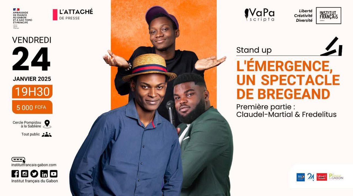 IFGabon's tweet photo. 🎤 Ne manquez pas L’Émergence, le stand-up solo de Bregeand, avec Claudel-Martial et Fredelitus !

🗓️ Vendredi 24 janv. 2025
⏰ 19h30
📍 Cercle Pompidou-Sablière
💸 5 000 FCFA

Humour incisif, anecdotes hilarantes et réflexions sur la société : une soirée mémorable garantie ! https://t.co/nrOKO6DwLW