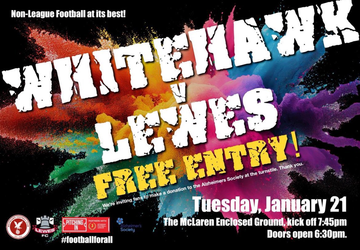 Whitehawk FC (@hawksfcofficial) on Twitter photo FREE Football For All.
Whitehawk v Lewes: Take Two
We are inviting everyone and their dogs to the McLaren Enclosed Ground, Tuesday 21st January to watch Whitehawk v <a href="/LewesFCMen/">Lewes FC Men</a> for FREE!
We will have a collection on the gate for <a href="/alzheimerssoc/">Alzheimer's Society</a>
<a href="/IsthmianLeague/">The Pitching In Isthmian League</a> #COYH FREE Football For All.
Whitehawk v Lewes: Take Two
We are inviting everyone and their dogs to the McLaren Enclosed Ground, Tuesday 21st January to watch Whitehawk v <a href="/LewesFCMen/">Lewes FC Men</a> for FREE!
We will have a collection on the gate for <a href="/alzheimerssoc/">Alzheimer's Society</a>
<a href="/IsthmianLeague/">The Pitching In Isthmian League</a> #COYH