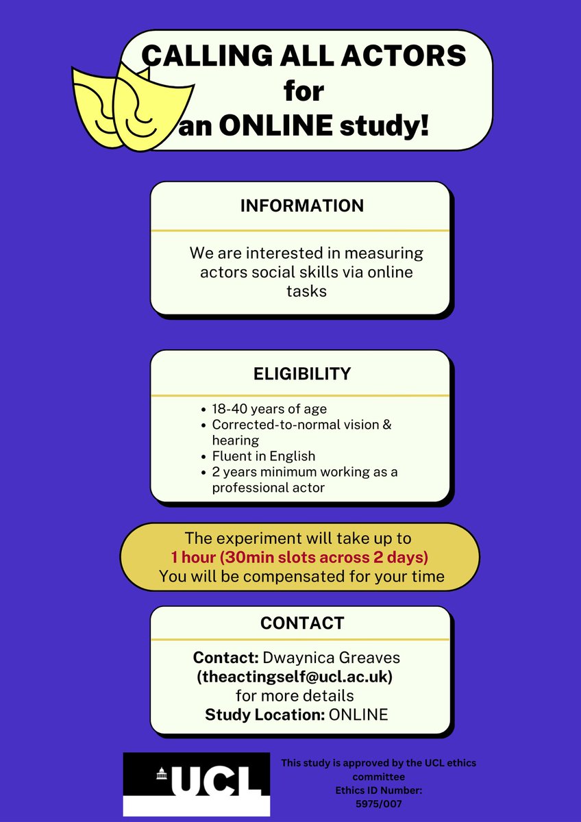 Dwaynica's tweet photo. Looking for 5 more UK based actors (with 2+ years of professional experience)
to participate in my online study🕴️
By Wednesday 🤞🏾
You can also see more information on Mandy https://t.co/eYrBmX9xQd
#Actors #Neuroscience #StageActors #FilmActors #VoiceOverActors #ActorJobs 🎭 https://t.co/traAJBh61P