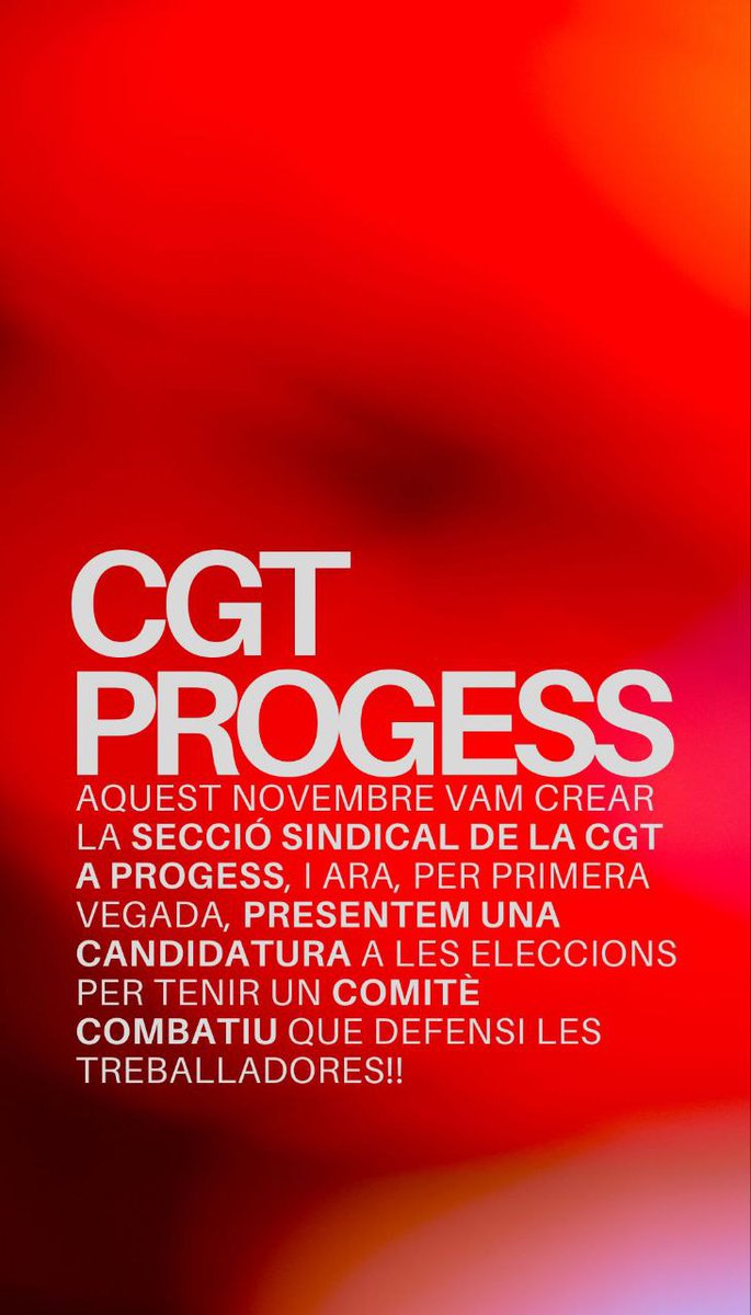 CGT Ensenyament 🚩🏴 (@cgtensenyament) on Twitter photo 🔴⚫️La secció sindical de CGT a l'empresa Progess es presenta per primera vegada a les eleccions sindicals amb l'objectiu d'aconseguir un comitè combatiu que defensi les treballadores 👇
<a href="/CiLLenLluita/">Cultura i Lleure en Lluita</a> <a href="/CGTlleure/">CGT Lleure</a> 🔴⚫️La secció sindical de CGT a l'empresa Progess es presenta per primera vegada a les eleccions sindicals amb l'objectiu d'aconseguir un comitè combatiu que defensi les treballadores 👇
<a href="/CiLLenLluita/">Cultura i Lleure en Lluita</a> <a href="/CGTlleure/">CGT Lleure</a>