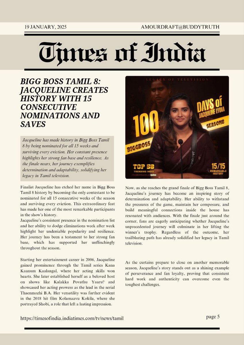 Remembering the article written by times of india,  about #Jacqulinelydia𓃵 's legacy of BB8.

7 languages
60 seasons
1000+ contestants, 

1 and 1 to create the history with 15 nominations consecutively. 
<a href="/jackline_lydia/">Jacquline🎉🎉🎉🎉</a>

#WelcomeBackJack
#WeLoveYouJack