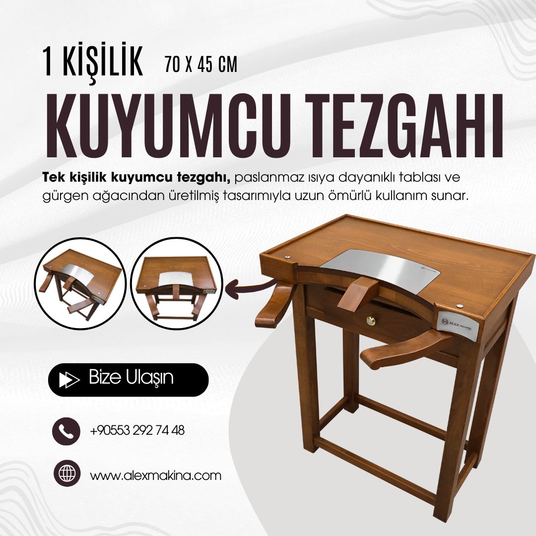 Alex Makina | Türkiye'nin En Büyük Kuyumcu Malzemeleri Sitesi
Kuyumcu Tezgahı 1 Kişilik 70 x 45 cm | Alex Makina
📷Tek kişilik kuyumcu tezgahı olarak tasarlanmıştır.