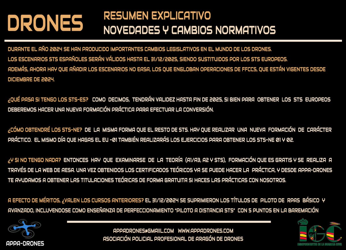 APPA-DRONES (@appadrones) on Twitter photo Comenzamos 2025 con la nueva oferta formativa en #drones en colaboración con <a href="/IGCFormacionyAS/">IGCAccionSocial</a>
Si quieres sacarte los certificados STS consulta con nosotros. Comenzamos 2025 con la nueva oferta formativa en #drones en colaboración con <a href="/IGCFormacionyAS/">IGCAccionSocial</a>
Si quieres sacarte los certificados STS consulta con nosotros.