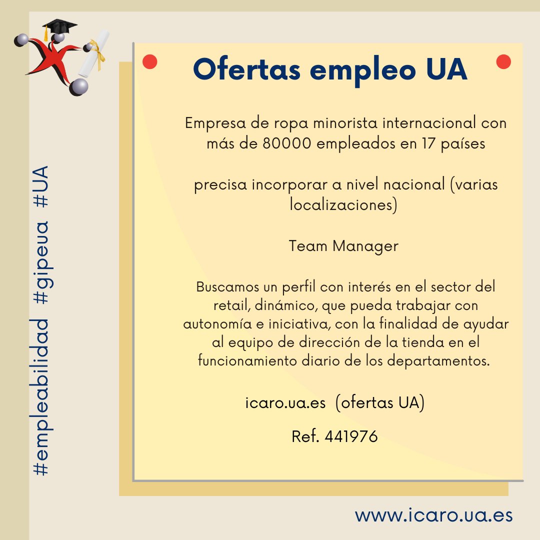 Tablón de ofertas de Empleo: 
Team Manager (Proceso a nivel nacional) 
gipe.ua.es/es/tablon-de-o… 
<a href="/EconomicasUA/">EconomicasUA</a> <a href="/UA_Universidad/">Universidad de Alicante UA</a> <a href="/CentroEmpleoUA/">Centro de Empleo | UA</a> <a href="/_Alumni_UA/">AlumniUA</a> #empleabilidad #gipeua #UA