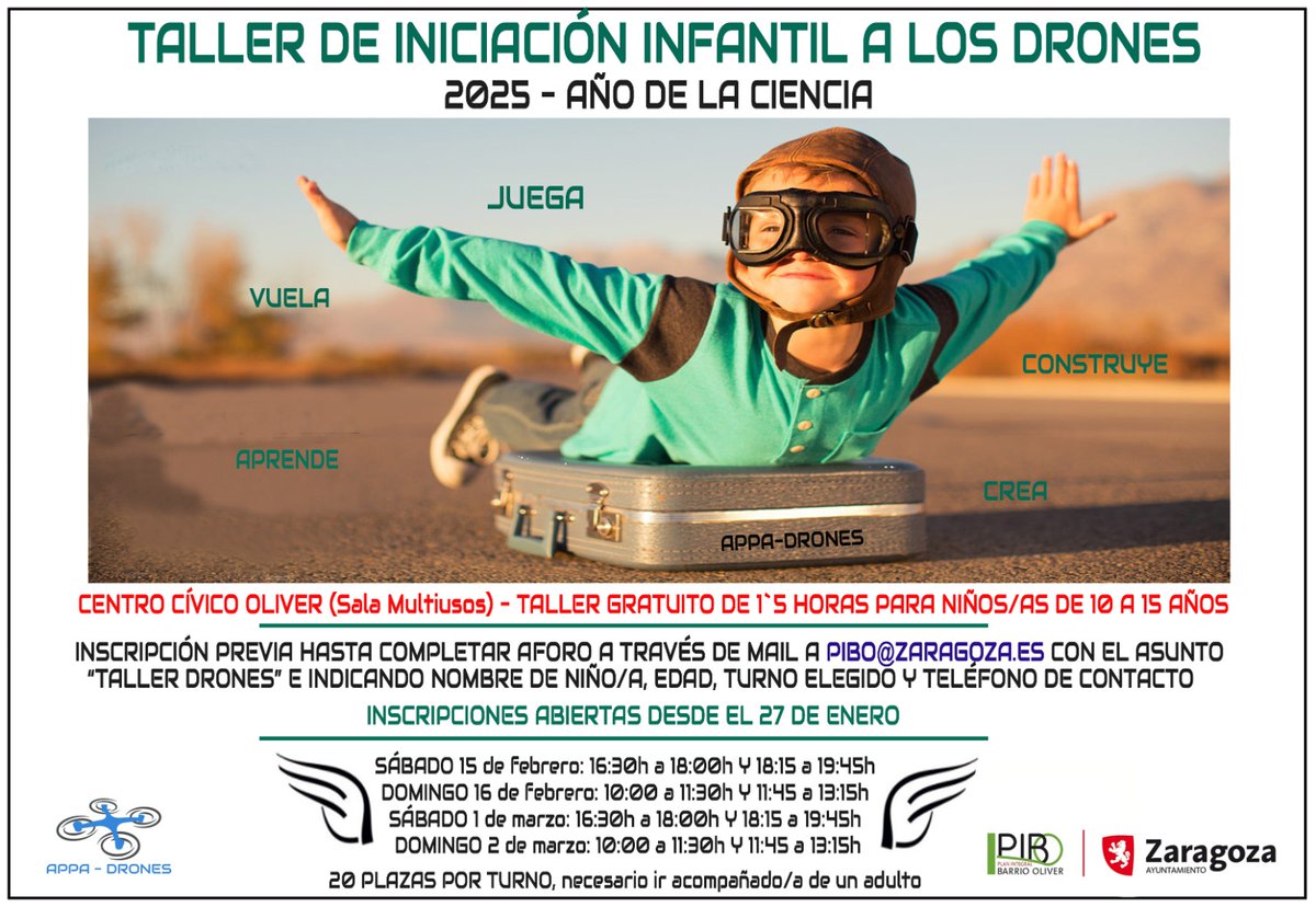 APPA-DRONES (@appadrones) on Twitter photo En el mes de febrero haremos talleres para niños/as a través del PIBO (Plan Integral Barrio Oliver) de #Zaragoza.
Teoría y práctica adaptada a los chavales. Volarán con drones de juguete y probarán simuladores profesionales de dron En el mes de febrero haremos talleres para niños/as a través del PIBO (Plan Integral Barrio Oliver) de #Zaragoza.
Teoría y práctica adaptada a los chavales. Volarán con drones de juguete y probarán simuladores profesionales de dron