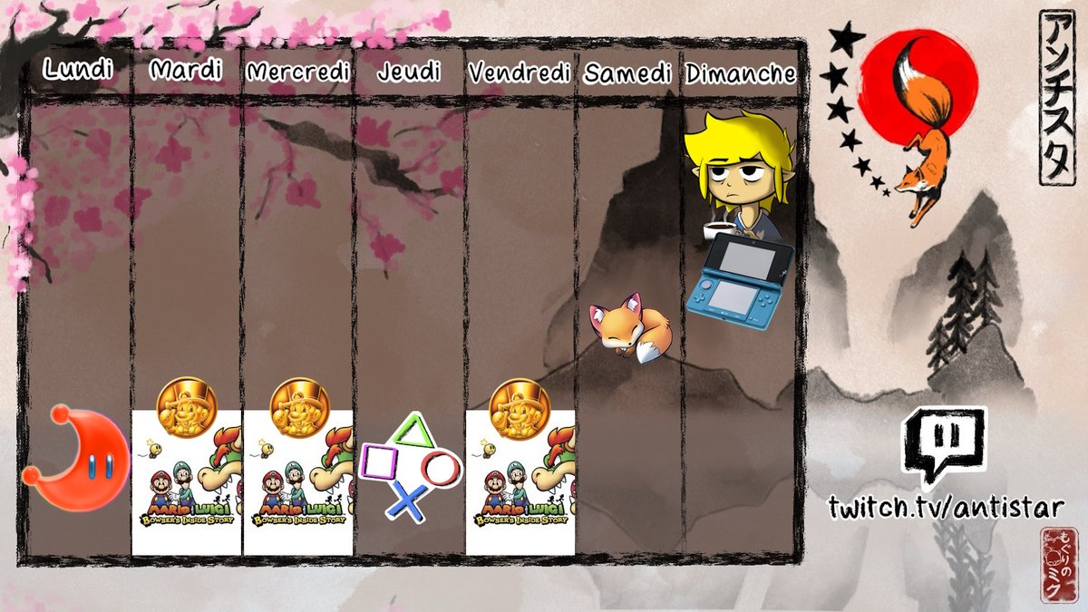 ⚠️ Le planning :

🌙 Lundi 20h : nocturne
🍄 Mardi ET mercredi 20h : MARIOTHON (Mario &amp; Luigi - Voyage au Centre de Bowser)
🎮 Jeudi 20h : PLAY DAY
🍄 Vendredi 20h : Mario &amp; Luigi - Voyage au Centre de Bowser
😴 Samedi : off !
☕ Dimanche 9h : matinale

📅 twitch.tv/antistar/sched…