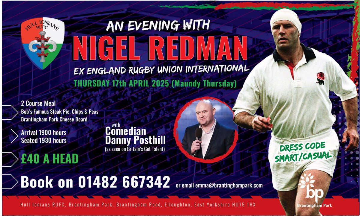 Hull Ionians RUFC (@ioniansrufc) on Twitter photo Events have done it again! What an evening this will be. Donโt miss out on this one, tickets will sell quickly so donโt be slow. #AnnualSportingDinner #Events
To book please call 01482 667342 or email emma@brantinghampark.com Events have done it again! What an evening this will be. Donโt miss out on this one, tickets will sell quickly so donโt be slow. #AnnualSportingDinner #Events
To book please call 01482 667342 or email emma@brantinghampark.com