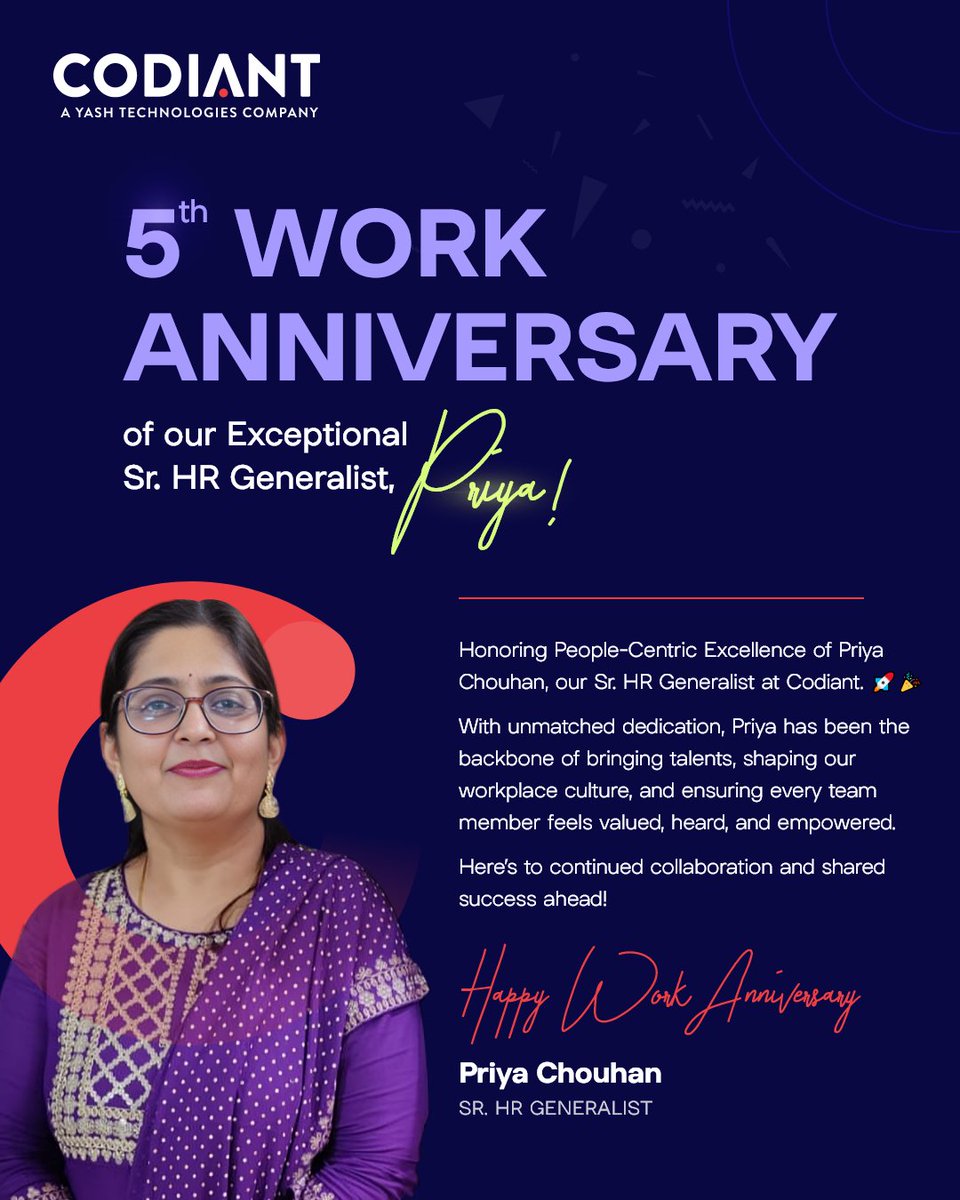 CODIANTSoftware's tweet photo. 5 Years of #Leadership with Vision, Empathy & Strategy!
Cheers to Priya for your unwavering commitment and guidance as Sr. HR Generalist at #Codiant.
We’re excited to continue this remarkable #journey together!
#workanniversary #TeamCodiant #LifeatCodiant #codiant https://t.co/SCNlNEW8TA