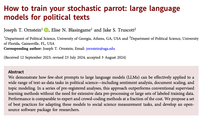 PSRMJournal's tweet photo. 🦜Do you want to train your 'stochastic parrot'?

➡️@JoeOrnstein, E.N. Blasingame &amp; @JakeTruscott_44 share best practices for using large language models (LLMs) in social science measurement tasks and processing large text-as-data projects https://t.co/a2wwOL7p82 #FirstView https://t.co/UJRRYQnSmm